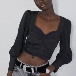 Zara ruched crop top with puff sleeves